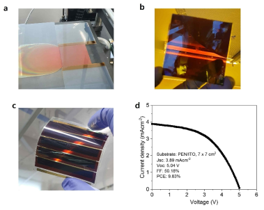 Perovskite film 및 mini-module 제작. a) bar-coating으로 제작한 perovskite 중간상 필름. b) 열처리 후의 film 외관. c) gold 증착을 마친 mini-module 외 관. d) flexible module의 전류-전압 곡선