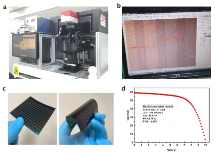 Laser 식각장비를 통한 flexible module 특성 개선. a) pico-second laser 식각 장비. b) 레이저 식각을 통한 P1, P2, P3 patterning. c) 레이저 식각을 통해 제작한 mini module. d) flexible module의 전류-전압 곡선