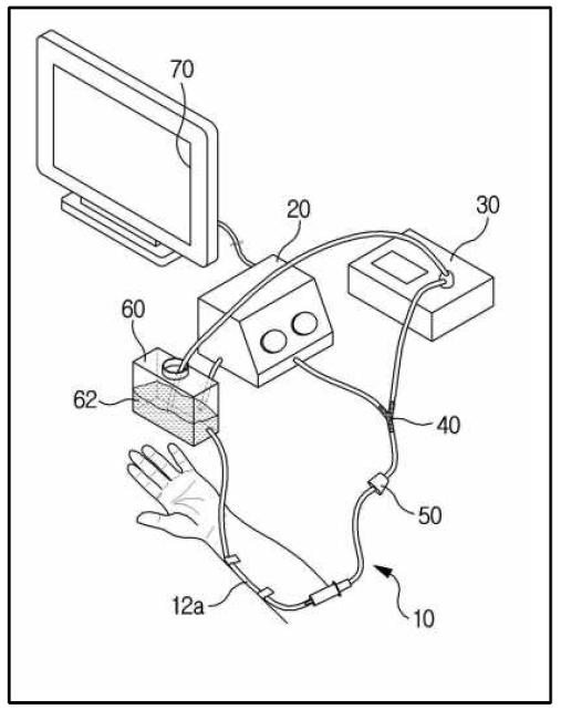 in vitro 혈맥 시스템 10: 인공혈관(실리콘튜빙), 12a: 진맥재현구간 20: 펄스재생기 30: 속도조절 순환 폄프 40: Y자 튜브: 펄스와 순환계 합류 50: 역류방지밸브 60: 인공혈액탱크, 62: 인공혈액 70: 모니터