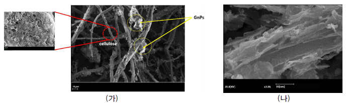 활성화 ACP/GnP 탄소 종이의 섬유 표면의 SEM사진; (가) 왼쪽 사진 ×50,000배, 오른쪽 사진 ×500배, 그리고 (나) ×3000배