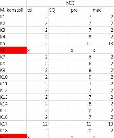 M. kansasii에 대한3약제DST 결과(일부)