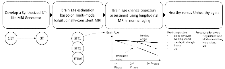 추적 뇌영상 기반 두뇌나이 예측을 통한 노화속도 예측 요인 및 이차노화 예방 습관 연구 개념도