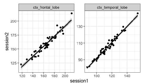 Frontal과 Temporal의 1.5T (session1)와 3.0T (session2) 비교 분석 예시