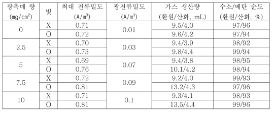 광촉매의 양과 빛의 유무에 따른 태양광-미생물혐기소화전기분해전지의 성능 비교