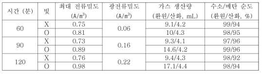 광촉매 전기합성 시간과 빛의 유무에 따른 태양광-미생물혐기소화전기분해전지의 성능 비교