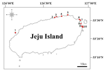 제주도 내 잘피 생육지의 분포 (1) 비양도, (2) 조천, (3) 함덕, (4) 다려도, (5) 월정, (6) 토끼섬, (7) 구좌, (8) 종달, (9) 시흥, (10) 오조