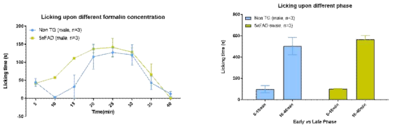 Formalin (1%)를 발바닥에 주입후, spontaneous pain에 해당하는 paw licking time을 40분 동안 측정함(좌측). (우측) 0-10분과 10-40분의 licking time을 정상 쥐와 알츠하이머병 동물모델에서 비교함. formaling 주입 후, littermate WT과 5xFAD 알츠하이머병성 치매 모델에서 acute pain에 대한 차이는 phase 1과 phase 2에서 찾을 수 없었음