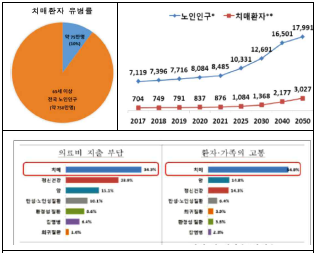 (왼쪽) 국내 치매환자 유병률 (오른쪽) 노인인구 및 치매인구 증가 추이 전망 (아래쪽) 극복해야 할 질환 우선순위