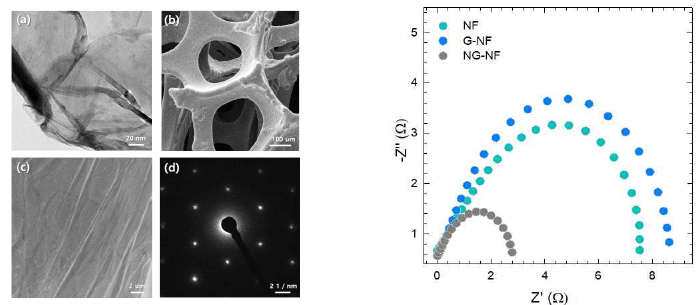 HR-TEM 이미지 분석(좌) EIS 분석을 이용한 환원전극의 전기전도성 측정(우)