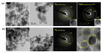 (a) Ar-N2, (b) Ar-H2 플라즈마에서 생성된 나노복합체 입자의 FE-TEM 이미지와 SAED 패턴