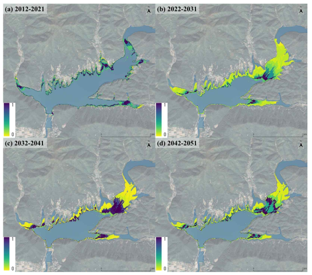 10년 단위(a~d)로 나타낸 빙어 산란기 서식처 적합도를 예측한 결과, 시간이 지남에 따라 서식처 적합도가 높은 지역이 점차 밀집되는 경향을 보임
