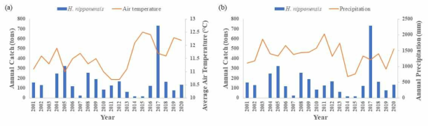 2001 - 2020년 (강원도의) 빙어 어획량과 (춘천 기상관측소의) (a) 기온 및 (b) 강수량과 관계가 뚜렷하지 않다(자료출처: 해양수산부, 기상청)
