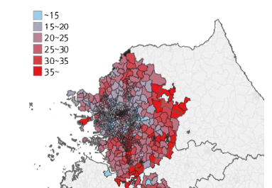 수도권 법정동별 이동성(이동속도, km/h) 분포