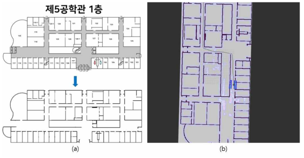 인공지능으로 건축도면을 변환한 결과물(a)과 이 결과물로 주행 실험하는 모습(b)