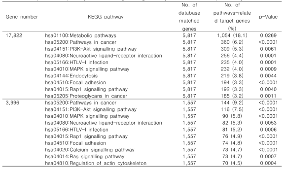 Top 10 KEGG pathways related with genes regulated by 11 miRNAs and 10,010 methylations