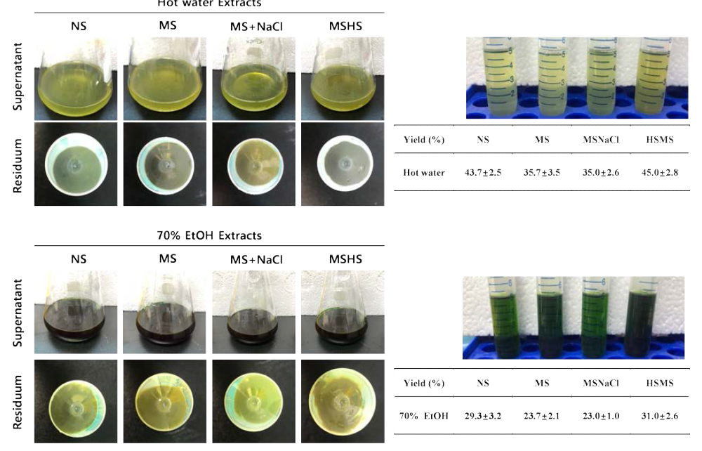 Tetraselmis sp. 열수, 70%주정추출물 제조 및 수율