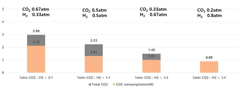 CO2 및 H2를 1.0 기압으로 공급했을 때의 ES2 균주의 배양 특성: CO2 소모