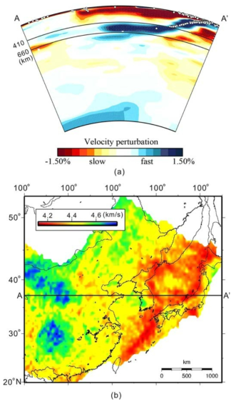 (a) P-wave velocity cross-section of the mantle along transect A-A’ (see Fig. 4b for location) from the GAP-P4 model (Obayashi et al. 2013) available at http://csmap.jamstec. go.jp/csmap/ (b) Horizontal slice of S-wave velocity at 70 km depth in the East Sea and its surrounding regions