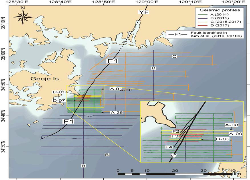 Locations of seismic profiles overlain with the offshore extension of the Yangsan Fault (“F1”) and Riedel shears (“F2, F3, and F4”) (from Kim et al., 2016). The seismic profiles shown in this study are plotted as thick yellow lines labeled with a figure number