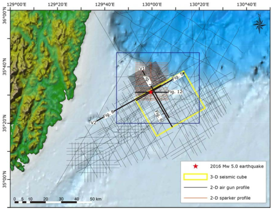 Locations of seismic profiles. The seismic profiles referred to in the text are highlighted as thick lines and labeled with a figure number. The yellow rectangle denotes the area of 3-D seismic data acquisition. The blue rectangle indicates the area showing fault traces in 그림 1-9