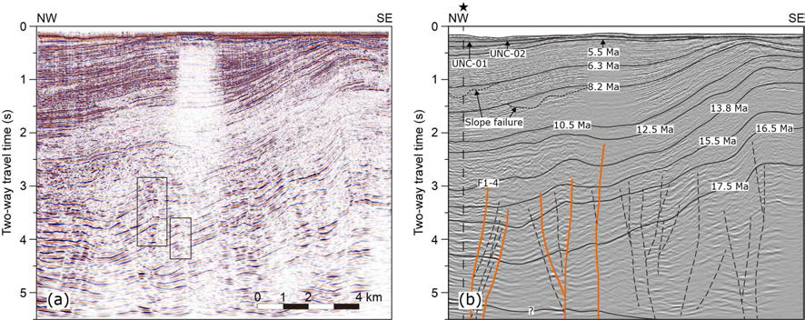 (a) Seismic profile crossing the epicentral area in a NW-SE direction and (b) its interpretation showing pop-up structures (in rectangles)