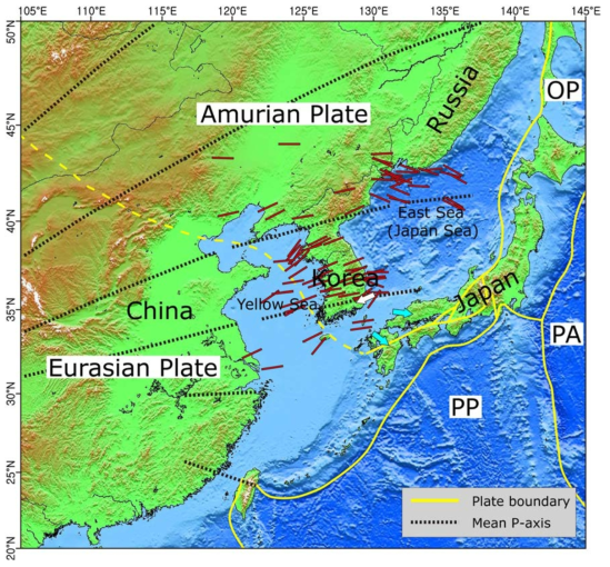 The mean P-axis trajectories in east Asia created by India-Asia collision compiled from Xu et al. (1992) and Park et al. (2006). The P-axis orientations (red bars) in and around the Korean Peninsula are from Choi et al. (2012). The white and cyan arrows represent the present the direction of compression at the Korean margin (Kim et al., 2016) and the deformation on the back-arc side of the SW Japan Arc (Nishimura & Takada, 2017), respectively