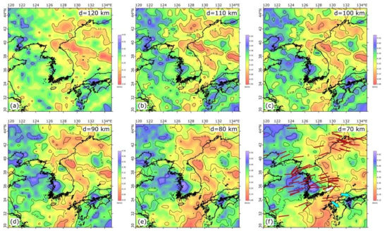 Horizontal slices of Vs (km/s) at the depth of (a) 120, (b) 110, (c) 100, (d) 90, (e) 80, (f) 70 km. The P-axis orientations (red bars) in and around the Korean Peninsula are from Choi et al. (2012). The white and cyan arrows represent the present the direction of compression at the Korean margin (Kim et al., 2016) and the deformation on the back-arc side of the SW Japan Arc (Nishimura & Takada, 2017), respectively