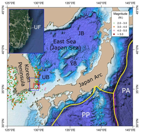 Map showing the Korean Peninsula (KP) and the Japan Arc. Plate boundaries are denoted by yellow lines. The red rectangle indicates the study area shown in 그림 1-3. PA, PP = Pacific and Philippine Sea Plates, respectively. JB, UB, and YB = Japan, Ulleung, and Yamato Basins, respectively. The inset shows the satellite image of the SE Korean Peninsula depicted by a dashed-line rectangle (from Google Earth)