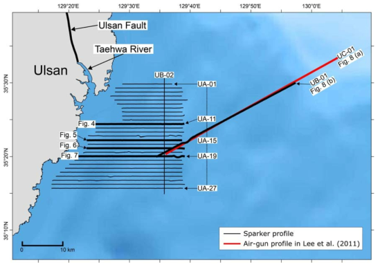 Locations of high-resolution seismic profiles in the study area. Seismic profiles referred to in the text are plotted as thick red lines labeled with a figure number