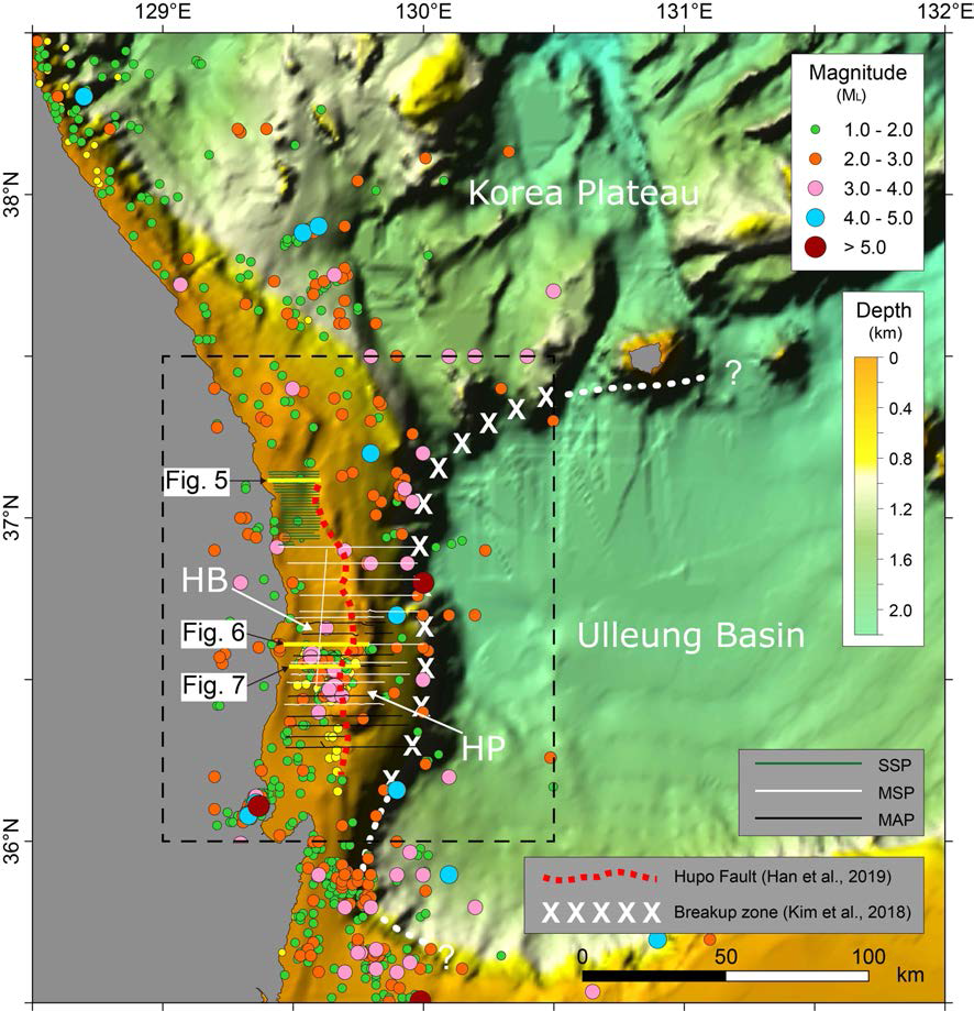 Detailed bathymetry of the middle eastern Korean margin overlain with the locations of high-resolution reflection seismic profiles. The seismic profiles that are referred to in the text are highlighted as thick lines and labeled with a figure number. The epicenters and magnitude of the earthquakes since 1982 are shown. The black dotted-line rectangle indicates the area of the geologic map in 그림 1-8. The trace of the Hupo Fault is from Han et al. (2019). HB = Hupo Basin; HP = Hupo Bank. SSP, MSP, and MAP = single-channel sparker, multi-channel sparker, and multi-channel air gun profiles, respectively