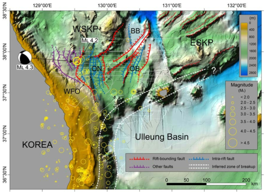 Geologic structural map of the South Korea Plateau overlain with the epicenters of earthquakes. WFO = Western bounding fault of the Onnuri Rift