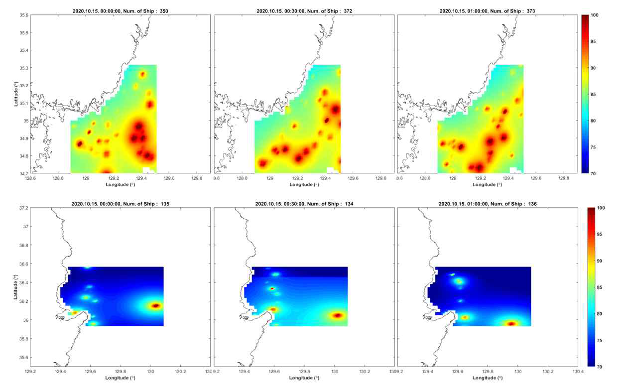2020년 10월 15일 00시부터 30분 간격의 선박 소음준위의 시/공간 분포 예