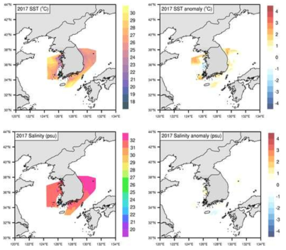 2017년 고수온 사례 선박관측자료를 이용한 해수면온도와 아노말리, 염분과 아노말리 분석