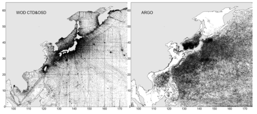 북서태평양 해역의 수온/염분 자료 분포도 (WOD, Argo)