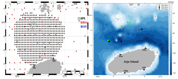 제주해협 HF radar의 비교자료로 사용된 KHOA 부이(좌)와 본 연구에서 관측된 고정부이(우) 위치도