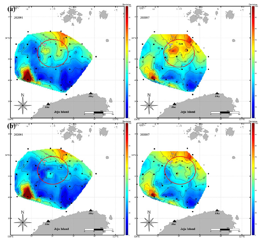 국립해양조사원 25h 부이 정점 자료의 개선 전(a), 개선 후(b)와 HF 레이더 자료의 2020년 여름(7월), 겨울(1월) 조류 편차 비교 결과. 추자도 인근(붉은색 원)에서 자료의 품질이 개선되는 것을 확인할 수 있다
