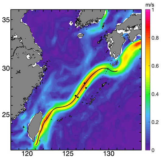 1993년~2022년 기간의 인공위성고도계 자료의 평균 표층 유속(색)와 표층해류로 구한 쿠로시오축(흑색 실선)과 해류계 관측 위치(흑색 점)