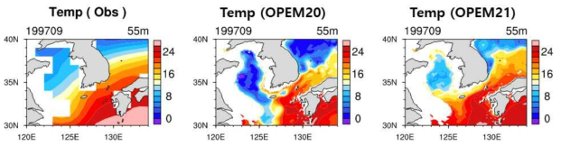 해면고도자료동화 적용 전,후 황해 수온(55m) 비교 (좌) EN4 월평균 관측 (199709), (중) 해면고도 자료동화 적용 전 수온 (OPEM20), (우) 해면고도 자료동화 적용 후 수온 (OPEM21)