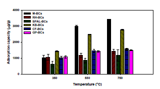 다양한 feedstock 및 온도에서 제조된 바이오차를 이용한 Microcystin-LR 흡착 결과