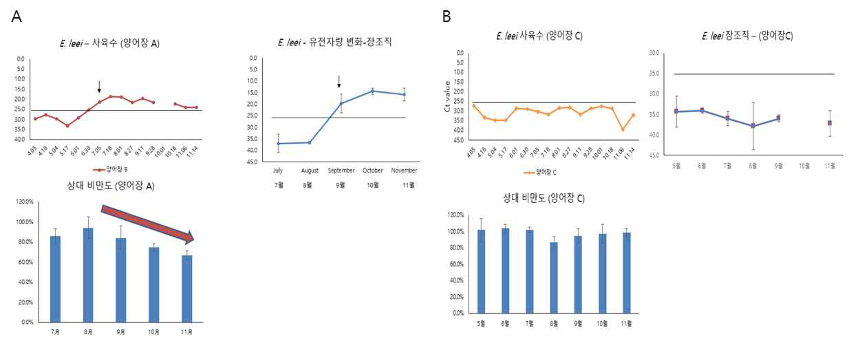 여윔증 발생(A), 비발생(B) 양식장의 사육수, 넙치 장에서 E. leei 유전자량과 상대비만도 변화