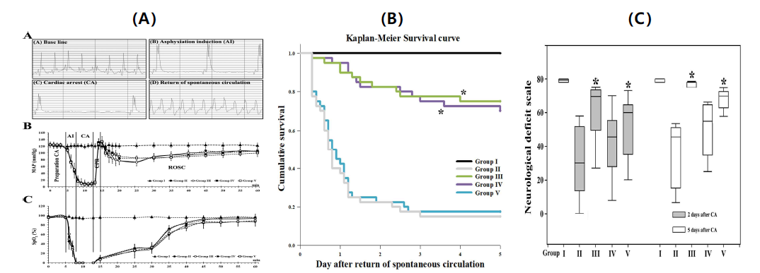 각 실험군 별 ECG, MAP 및 SpO2 그래프(A), Kaplan-Meier생존 분석을 통한 생존율(B) 및 NDS평가(C)