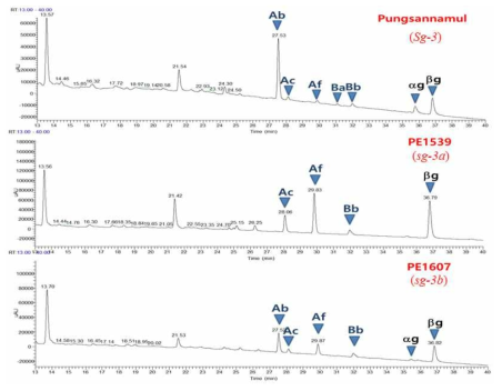 PE1539(sg-3a)와 PE1607(sg-3b) 돌연변이체 사포닌들의 LC-MS/MS 분석 결과.