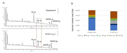 PE1607(sg-n)의 사포닌 분석. LC-MS/MS를 통해 다양한 사포닌들을 분석(그림5A)하고 정량(그림5B)하여 특히 돌연변이체에서 Ab-γg가 증가하고 Ab-ɑg 사포닌이 크게 감소한 것을 알 수 있음