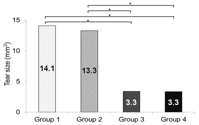 Subscapularis tendon tear size at 4 weeks post-injection. *P < .05, one-way ANOVA, Tukey's post hoc test between two groups