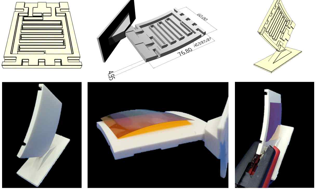 광경화기반 3D 세라믹 인쇄 공정으로 제조된 곡률반경 (r=200mm)의 정전척 형상 및 작동 모습