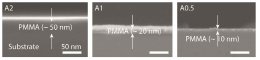 PMMA를 코팅한 기판의 단면 전자 현미경 사진. 왼쪽부터 A2, A2, A0.5 용액