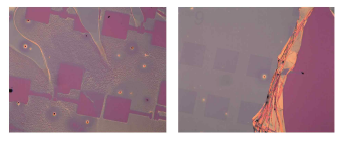 패터닝에 의해서 기판이 드러난 일부 영역(왼쪽)과 부분적으로 현상된 상태에서 가장자리에서부터 말려서 Lift-off된 PMMA 필름 (오른쪽)