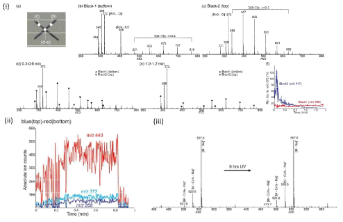 (i) (a) 분석법 테스트를 위해 다른 두 가지 흑색 볼펜으로 쓰여진 ‘X’자 사진과 (b, c) 두 흑색 볼펜의 화학적 지문 스펙트럼. (d, e) 두 흑색 볼펜의 교차지점에서의 시간에 따른 화학지문의 변화 및 (f) 시간에 따른 각 볼펜 특이적 화학신호의 세기 변화. 위 데이터에서와 같이 흑색 볼펜의 경우 쓰여진 순서 또는 깊이에 따른 화합물 프로파일링이 가능하였음. (ii) 적색 볼펜의 경우 청색 펜 아래 쓰여졌음에도 불구하고 높은 이온화 효율 때문에 항상 강한 신호를 나타냄. (iii) 빛에 의해 dye 화합물의 분해정도를 분석한 예