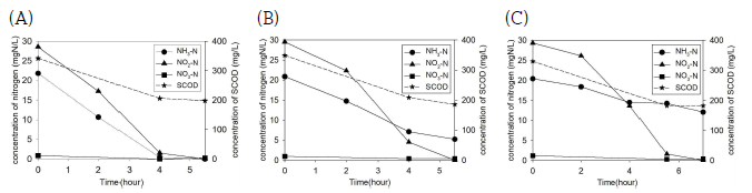 Variations of ammonia, nitrite, nitrate concentrations in real domestic wastewater amended with sodium nitrite and glucose. (A) MLSS 3422.2 mg/L, (B) MLSS 1400.0 mg/L, (C) MLSS 816.7 mg/L