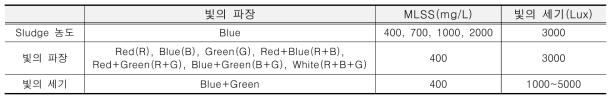 MLSS의 농도, 빛의 파장 및 세기에 따른 영향 파악을 위한 실험 조건